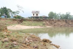 Sạt lở bờ sông Thạch Hãn tiến gần vào nhà dân đoạn qua xã Triệu Giang, huyện Triệu Phong, tỉnh Quảng Trị, hồi tháng 11/2022. (Ảnh: Nguyên Lý/TTXVN)