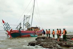 15 cán bộ, chiến sỹ Đồn Biên phòng Cửa Tùng phối hợp với thuyền viên trên tàu di dời tài sản lên bờ và chằng chống, neo giữ để tàu không bị chìm. (Ảnh: TTXVN phát)