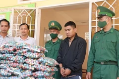 Đối tượng Hồ Trọng Hữu cùng tang vật thu giữ trong vụ bắt giữ pháo lậu ở xã Mỹ Quý Tây, Đức Huệ, tỉnh Long An. (Ảnh: Bùi Giang/TTXVN)