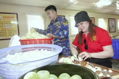 Lê Tú Mỹ Liên, kiều bào Hoa Kỳ, hào hứng giúp đỡ đoàn phục vụ trên tàu HQ 571. (Ảnh: Thu Phương/TTXVN)