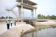 Cán bộ, nhân viên Công ty THHH Một thành viên Khai thác công trình thủy lợi Bến Tre kiểm tra vận hành cống Châu Thới, huyện Giồng Trôm. (Ảnh: Công Trí/TTXVN)