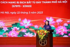 Ủy viên Trung ương Đảng, Phó Bí thư Thường trực Thành ủy Hà Nội Nguyễn Thị Tuyến phát biểu. (Ảnh: Phương Uyên/TTXVN phát)