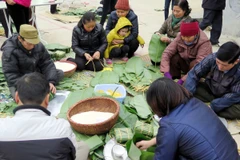 Gói bánh chưng ăn Tết cho gia đình. (Ảnh: Thu Hằng/TTXVN)