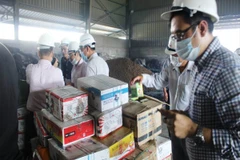 Kiểm tra số thuốc bảo vệ thực vật nhập lậu trước khi tiến hành tiêu hủy. (Ảnh: PV/Vietnam+)