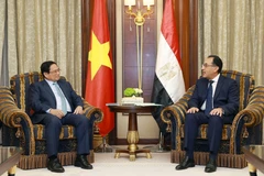 Thủ tướng Phạm Minh Chính gặp Thủ tướng Ai Cập Mostafa Madbouly. (Ảnh: Dương Giang/TTXVN)