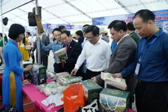 Đại biểu tham quan các gian hàng trưng bày sản phẩm của các tỉnh Tây Bắc. (Ảnh: Xuân Tư/TTXVN)