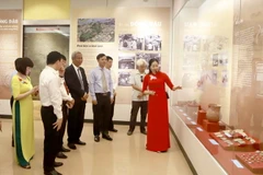 Các đại biểu nghe hướng dẫn viên thuyết minh về chuyên đề “Di chỉ Đồng Đậu-Hội tụ và tỏa sáng trong văn minh sông Hồng” tại Bảo tàng tỉnh Vĩnh Phúc. (Ảnh: Hoàng Hùng/TTXVN)