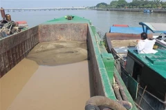 Các thuyền chứa nhiều cát khai thác trái phép bị lực lượng chức năng bắt giữ. (Ảnh: Công Phong/TTXVN)