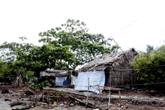 Các hộ dân cư ngụ ven khu vực tuyến đê biển Tây (đoạn vàm Tiểu Dừa, xã Khánh Tiến, huyện U Minh, tỉnh Cà Mau) đang đối mặt với mối hiểm họa trước nguy cơ sạt lở có thể xảy ra bất cứ lúc nào. (Ảnh: Kim Há/TTXVN)