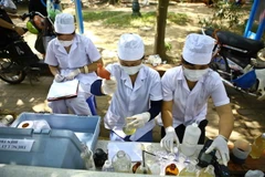 Lấy mẫu nước ở các khu vực lân cận Hồ Tây để phân tích tìm nguyên nhân cá chết. (Ảnh: Minh Quyết/TTXVN)