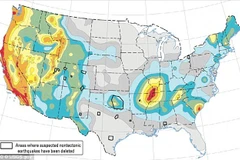 Các khu vực được đánh dấu màu nóng (gồm các bang Alabama, Arkansas, Colorado, Kansas, New Mexico, Ohio, Oklahoma và Texas) có nguy cơ cao xảy ra động đất. (Nguồn: dailymail.co.uk)