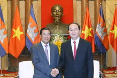 Chủ tịch nước Trần Đại Quang tiếp Samdech Techo Hun Sen, Thủ tướng Vương quốc Campuchia nhân chuyến thăm chính thức Việt Nam. (Ảnh: Nhan Sáng/TTXVN)