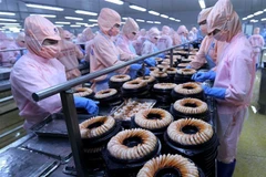 Dây chuyền chế biến sản phẩm tôm hấp chín xuất khẩu. (Ảnh: Vũ Sinh/TTXVN)