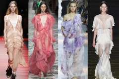 Các nhà mốt No.21, Gucci, Roberto Cavalli và Francesco Scognamiglio (từ trái qua) diễn giải vẻ đẹp nữ tính bằng các thiết kế bèo nhún bay bổng.