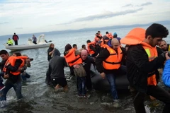 Người di cư tới đảo Lesbos của Hy Lạp sau hành trình vượt biển Aegean từ Thổ Nhĩ Kỳ ngày 24/11. (Nguồn: AFP/TTXVN)