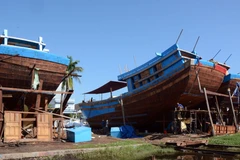 Đóng tàu công suất lớn tại Hợp tác xã đóng - sửa tàu thuyền Cổ Lũy (thành phố Quảng Ngãi). (Ảnh: Nguyễn Đăng Lâm/TTXVN phát)