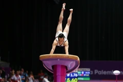 Vận động viên Lê Thanh Tùng thi đấu nội dung nhảy chống. (Ảnh: Hoàng Linh/TTXVN)