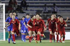 Niềm vui của tuyển Việt Nam sau bàn thắng của Hải Yến. (Ảnh: Vietnam+)