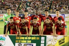 Cầu thủ Hoàng Anh Gia Lai ở trận lượt đi. (Ảnh: Dư Toán/TTXVN)