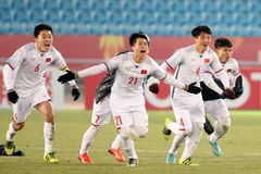 Niềm vui của U23 Việt Nam sau loạt sút luân lưu ở trận thắng U23 Qatar. (Ảnh: Hoàng Linh/TTXVN)