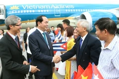 Cán bộ nhân viên Đại sứ quán, lưu học sinh Việt Nam tại Cuba đón Chủ tịch nước Trần Đại Quang và Phu nhân tại sân bay Quốc tế Jose Marti. (Ảnh: Nhan Sáng/TTXVN)