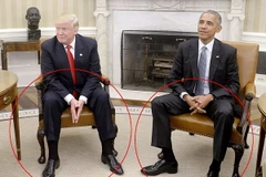 Ông Trump tỏ ra lo lắng khi gặp ông Obama. (Nguồn: Daily Mail)