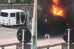Chiếc xe phát nổ ngay bên ngoài nhà thờ ở Colombo. (Nguồn: rt.com)