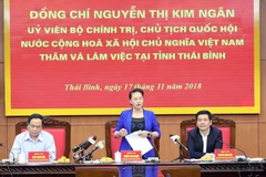 Chủ tịch Quốc hội Nguyễn Thị Kim Ngân phát biểu kết luận tại buổi làm việc với cán bộ chủ chốt tỉnh Thái Bình. (Ảnh: Trọng Đức/TTXVN)