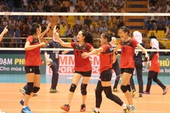 Niềm vui của đội tuyển bóng chuyền nữ Việt Nam. (Ảnh: Quốc Khánh/TTXVN)