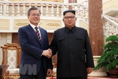 Tổng thống Hàn Quốc Moon Jae-in (trái) và nhà lãnh đạo Triều Tiên Kim Jong-un tại cuộc hặp ở Bình Nhưỡng ngày 18/9/2018. Ảnh: (Nguồn: Yonhap/TTXVN)