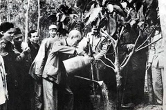 Chủ tịch Hồ Chí Minh tham gia 'Tết trồng cây' với nhân dân xã Vật Lại, Ba Vì, Hà Tây (nay thuộc ngoại thành Hà Nội) ngày 16/2/1969. (Ảnh: Tư Liệu)