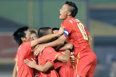 Niềm vui của U23 sau bàn gỡ hòa. (Ảnh: Quốc Khánh/TTXVN)