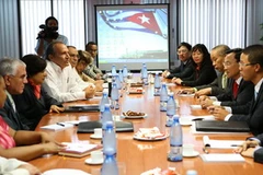 Thứ trưởng Bộ Tài chính Trần Văn Hiếu và đoàn Việt Nam trong buổi làm việc với Bộ trưởng Tài chính và Vật giá Cuba Pedraza. (Ảnh: Hoài Nam/Vietnam+)