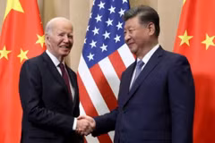 Chủ tịch Trung Quốc Tập Cận Bình và Tổng thống Mỹ Joe Biden bắt tay trước cuộc gặp song phương ở Lima (Peru), ngày 16/11/2024. (Nguồn: The Guardian)