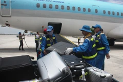 Hành lý được nhân viên bốc dỡ từ máy bay xuống xe để vận chuyển vào đảo hành lý trả cho khách. (Ảnh: Việt Hùng/Vietnam+)