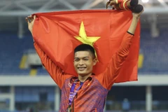 Nhà vô địch SEA Games 31 ở nội dung nhảy xa, Nguyễn Tiến Trọng. (Ảnh: Minh Ngọc/Vietnam+) 