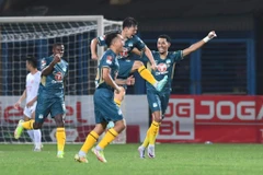 Hoàng Anh Gia Lai ăn mừng chiến thắng đầu tiên tại V-League 2023. (Ảnh: PV/Vietnam+)