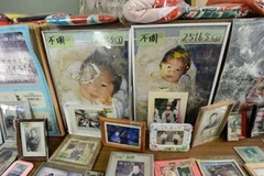 Album ảnh của một em bé thiệt mạng trong thảm họa kép được người thân đặt trên mộ của bé (Nguồn: AFP)