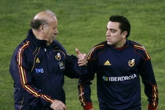Xavi trao đổi với huấn luyện viên Vicente del Bosque trước trận gặp Séc đêm nay (Nguồn: Reuters).