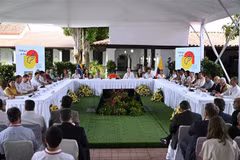 Quang cảnh vòng đàm phán hòa bình thứ 4 giữa đại diện Chính phủ Colombia và lực lượng vũ trang Quân đội Giải phóng Quốc gia (ELN) ở Caracas, Venezuela, ngày 14/8/2023. (Ảnh: AFP/TTXVN)