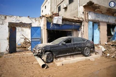 Cảnh tàn phá do mưa lũ gây ra bởi cơn bão Daniel ở thành phố Derna, Libya, ngày 11/9/2023. (Ảnh: THX/TTXVN)
