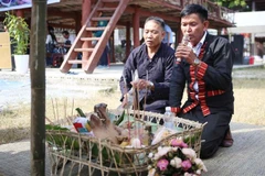Nghi lễ “Thỉnh mời tổ tiên” - mở màn cho Lễ hội Cơm mới. (Ảnh: Quý Trung/TTXVN)
