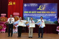 Phó Chủ tịch Ủy ban Nhân dân tỉnh Nguyễn Quỳnh Thiện tặng Bằng khen cho các cá nhân có nhiều thành tích trong tham gia đào tạo, chuyển giao kỹ thuật theo Đề án 1816 của Bộ Y tế cho Bệnh viện Đa khoa tỉnh Trà Vinh. (Ảnh: Thanh Hoà/TTXVN)