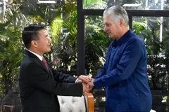 Bí thư thứ Nhất Ban Chấp hành Trung ương Đảng Cộng sản, Chủ tịch nước Cộng hòa Cuba Miguel Díaz-Canel Bermúdez tiếp Đại sứ Việt Nam tại Cuba Lê Thanh Tùng. (Ảnh: Mai Phương/TTXVN)