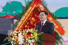 Chủ tịch Quốc hội Vương Đình Huệ phát biểu tại Lễ kỷ niệm 60 năm ngày Bác Hồ thăm tỉnh Thái Nguyên. (Ảnh: An Đăng/TTXVN)