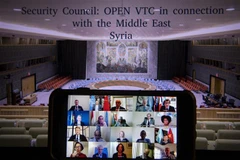 Đại sứ các nước thành viên Hội đồng Bảo an LHQ họp trực tuyến thảo luận về tình hình chính trị ở Syria. (Ảnh: TTXVN)