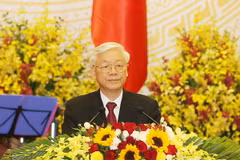 Tổng Bí thư Nguyễn Phú Trọng đọc Diễn văn chào mừng. (Ảnh: Trí Dũng/TTXVN)