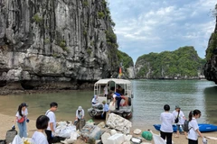 Các tình nguyện viên tham gia hoạt động dọn rác trên Vịnh Hạ Long. (Ảnh: CTV/Vietnam+)
