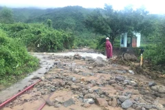 Mưa lũ miền Trung khiến đất đá đổ tràn đường ray, tàu Bắc-Nam gián đoạn. (Ảnh: CTV/Vietnam+)