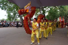 Đoàn múa lân rồng tại Đền Đô. (Ảnh: Diệp Trương/TTXVN)